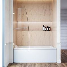 a bathroom with a bathtub and shelves on the wall