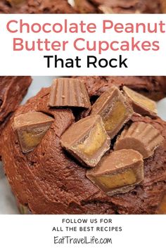 chocolate peanut butter cupcakes that rock on top of each other with text overlay