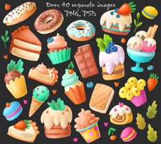 a bunch of different types of cakes and pastries on a black background with the words over 40 great images