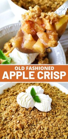 an old fashioned apple crisp is served with whipped cream