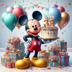 a mickey mouse holding a birthday cake with balloons