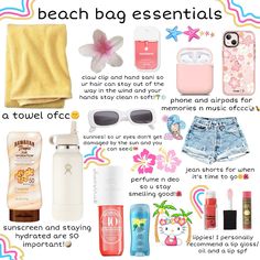 the beach bag essentials list is shown in this graphic above it's contents