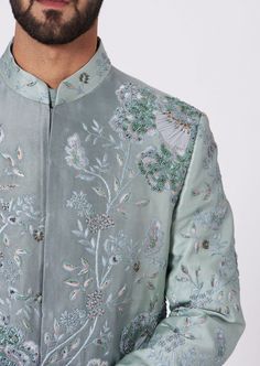 Featuring an ice blue ombre sherwani with tone on tone resham and net embroidery with dabka highlighting. Paired with tone-on-tone straight hem kurta and churidar. Jatin Malik, Blue Sherwani, Embroidered Sherwani, Net Embroidery, Nehru Jackets, Ice Age, Tone On Tone, Embroidered Neckline, Western Wedding