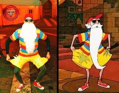 two cartoon characters dressed in different outfits