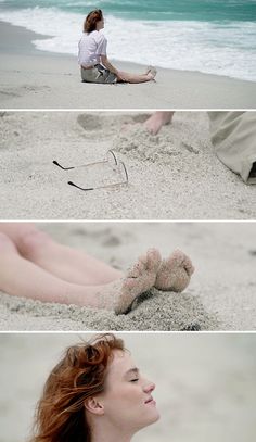 the woman is sitting on the beach with her feet in the sand