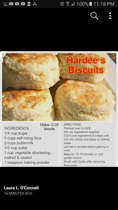 the recipe for biscuits is shown in this screenshote screen shot, with an image of