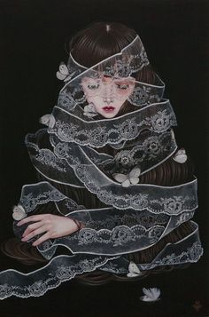 a painting of a woman wearing a veil with butterflies around her neck and hands on the ground