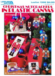 an advertisement for christmas nutcrackers in plastic canvas, with ornaments and decorations