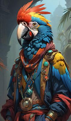 a painting of a parrot wearing a costume