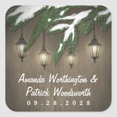 a wooden background with street lights and snow on the branches square sticker, which reads amanda worthington & patrick woodsworth