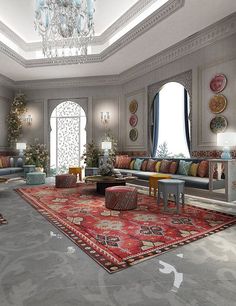 an image of a living room with chandelier and couches in arabic language