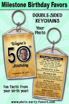 a 50th birthday card with a photo on it and the words, wayne e - sided keychains