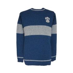 a blue and grey sweater with a white stripe on the chest