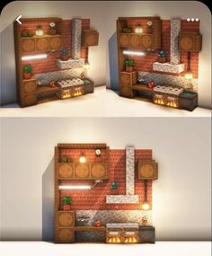 two different views of a small kitchen with brick walls