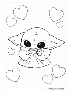 a baby yoda with hearts in the background and an image of heart shapes around it