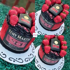 three tiered cakes with red and black frosting