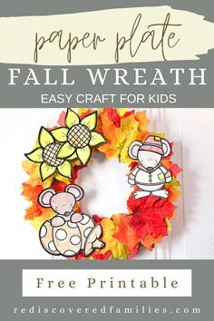 a paper plate fall wreath for kids is shown with the words, free printable