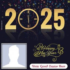 a happy new year card with a clock and confetti in the background that says 205