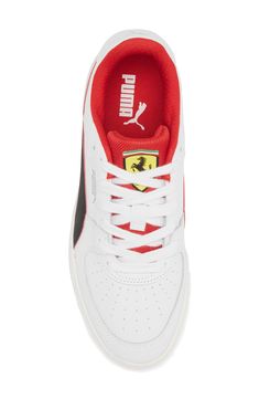 This straight-from-the-archives sneaker is redesigned with Ferrari racing colors and streamlined PUMA Formstrips at the sides for signature style. Lace-up style Leather and synthetic upper/textile lining/rubber sole Imported PUMA has received the Fair Labor Association accreditation, which signifies that the company has effective systems and procedures in place to successfully uphold fair labor standards throughout its supply chains, including strategies and tools to address and improve working Sporty Leather Skate Shoes With Puma Logo, Puma Low-top Sneakers For Sports, Puma Logo Lace-up Sneakers For Sports, High-top Puma Sneakers For Jogging, Puma Logo High-top Sneakers For Sports, High-top Puma Sneakers For Sports, Sporty Low-top Basketball Shoes With Puma Logo, Puma High-top Sneakers For Streetwear, Sporty Low-top Puma Basketball Shoes