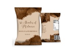 two bags of chocolate chips with the label on them, both wrapped in brown paper