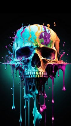 a colorful skull with dripping paint on it