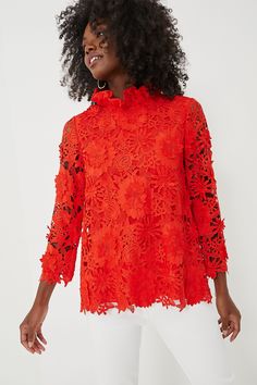 Red Guipure Lace Faye Blouse Tuckernuck Style, Guipure Lace Top, Red Lace Blouse, Red Tops, Social Event, Crystal Trim, Marvin Gaye, Cocktail Parties, Guipure Lace