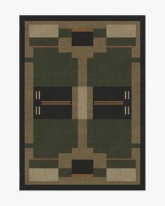 an area rug with different colors and designs on it, including black, green, beige and brown