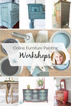 furniture painted in blue and white with text overlay that reads online furniture painting workshop