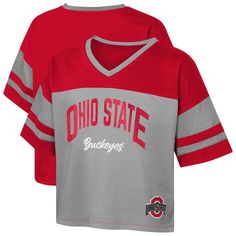 Get your little Buckeye ready for game day with this Ohio State Buckeyes The Playmaker Sleeve Stripe V-Neck Jersey T-Shirt. The screen-printed team name with glitter and cursive detailing adds a touch of sparkle and elegance, making it a standout piece in any young Buckeye fan's wardrobe. Plus, the soft and breathable fabric ensures all-day comfort for cheering on the Buckeyes from the sidelines or the classroom. Collegiate Athletic Heather Tops For Game Day, Collegiate Style Tops In Athletic Heather For Game Day, Red Sports Fan T-shirt For Cheerleading, Sporty Red T-shirt For Cheerleading, Game Day V-neck Top With Letter Print, University Red Top For Game Day With School Spirit, University Red Tops For Game Day With School Spirit, V-neck Game Day Top With Letter Print, V-neck Letter Print Tops For Game Day