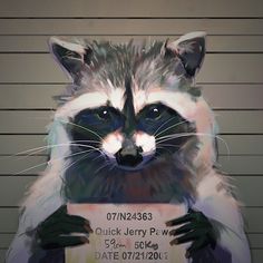 a painting of a raccoon holding a sign