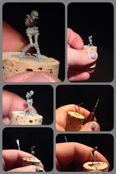 several pictures of miniature figurines made from corks