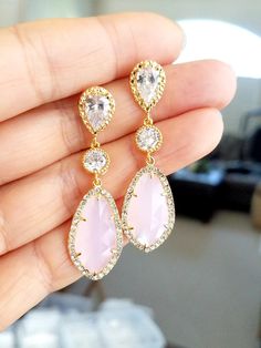 "Great earrings Pink Opal Earrings - Wedding Bridal Sparkling Cubic Zirconia Dangle Sterling Silver Formal Prom Earrings gift for your loved one, family, friends, best friends, bridesmaids, maid of honor Please leave a note your initial for necklace. Earpost material: Sterling silver Length of glass drops: Approximately 2\" This beautiful pair of Earrings is packaged in a gift box. ♥ ♥ ♥ ♥ ♥ ♥ ♥ ♥ ♥ ♥ ♥ ♥ ♥ ♥ ♥ ♥ Enter my boutique here: http://www.LaLaCrystal.etsy.com ♥ ♥ ♥ ♥ ♥ ♥ ♥ ♥ ♥ ♥ ♥ ♥ ♥ ♥ Blush Pink Earrings, Pink Opal Earrings, Statement Earrings Wedding, Maid Of Honor Gift, Gold Earrings Wedding, Bridal Wedding Earrings, Prom Accessories, Pink Studs, Prom Earrings