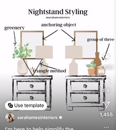 an image of two nightstands with different types of furniture on them and the words, night stand styling