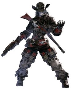 Dimos, Bloody Gunman Art - NieR Reincarnation Art Gallery Oc Manga, Rpg Ideas, Cowboy Outfits, Bloodborne, A Castle