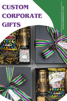 the gift box is decorated with colorful ribbons and confetti, candy, and personalized items