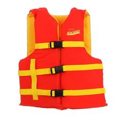 an orange life jacket with yellow straps on the front and back, against a white background