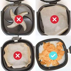 four pictures showing different ways to remove food from the air conditioner, and then put it in an air fryer