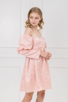 Ethereal babydoll dress with puffed sleeves and sweetheart neckline. This romantic dress features delicately smocked upper back bodice and full skirt. The rose gold jacquard fabric with dreamy glittery florals creates a luxurious look. Inches (in) Size Bust Waist Hip XS 31" 23" 33" S 33" 25" 35" M 35" 27" 37" L 37" 29" 39" XL 39" 31" 41" Centimeters (cm) Size Bust Waist Hip XS 78 cm 58 cm 83 cm S 83 cm 63 cm 88 cm M 88 cm 68 cm 93 cm L 93 cm 73 cm 99 cm XL 99 cm 78 cm 104 cm