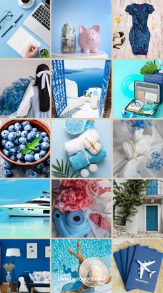 a collage of blue and white pictures with various items