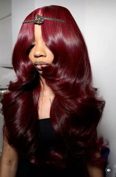 Black Prom Dress With Red Hair, Cherry Red And Purple Hair, Valentine Wig Hairstyles, Back Hair With Red Highlights, Colored Layered Wig Black Women, Burgundy Ginger Hair, Raspberry Twist Hair Color, Wine Red And Black Hair, Colored Curly Wigs For Black Women