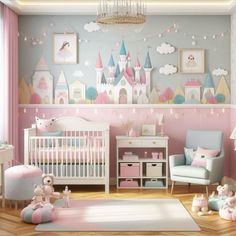 a child's room with pink and blue walls