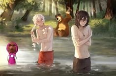 two people standing in the water with a bear on their back and another person holding a stuffed animal