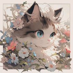 a cat with blue eyes is surrounded by flowers