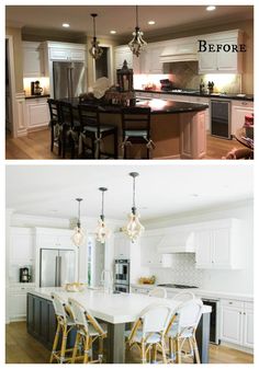 before and after pictures of a kitchen remodel with white cabinets, black island countertops, and gold stools