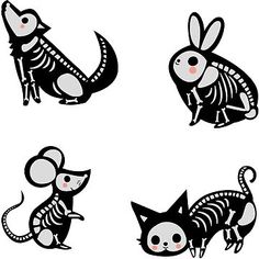 four black and white cartoon animals with skeleton bones on their backs, one in the shape of a mouse