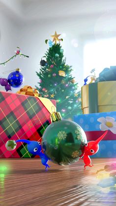 an animated christmas scene with presents and toys on the floor, as well as a tree