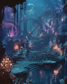 an underwater scene with stairs leading up to the water's edge and lights on