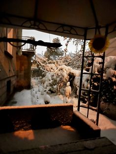 snow is covering the ground and trees in front of an open window with stairs leading up to it