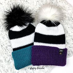 "This black and white striped double-layered knit beanie has a wide fold-up brim and a detachable faux fur pom pom. It looks great with or without a pom, too! The brim can be adjusted to any width to allow you to find the perfect fit and whatever amount of slouchiness you like. **Choose the white pom option and the stripes will start with black. **Choose the black pom option and the stripes will start with white. **Choose \"Surprise me!\" for the brim color and I will pick for you from my ready- Crochet Craft Fair, Circular Knitting Machine, Knitting Machine Patterns, Crochet Knit Hat, Knitting Machine Projects, Crochet Business, Surprise Me, Faux Fur Pom Pom, Knitting Machine