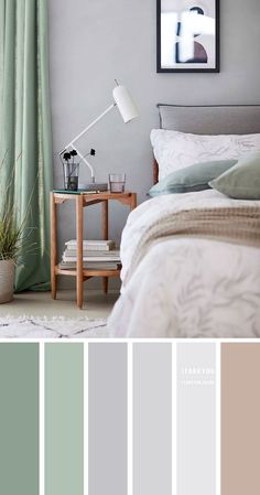 a bedroom with gray walls and green curtains